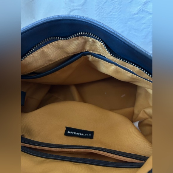 Anthropologie Blue Fabric and Leather Look Handbag with Metal Detail - Picture 6 of 9
